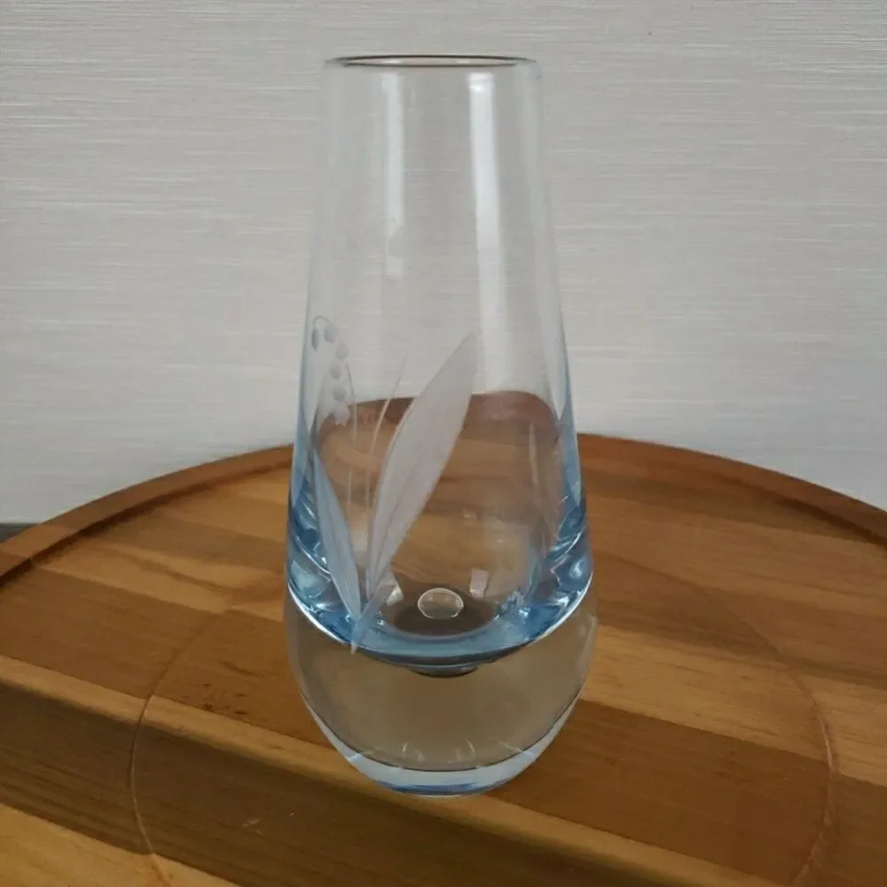 Lily of the Valley Swedish Etched Crystal Vase 6” Bubble Vintage MCM Glass